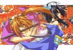  bare_shoulders black_eyes black_hair blue_eyes blue_ribbon couple female himura_kenshin japanese_clothes kamiya_kaoru kimono long_hair male orange_hair ponytail ribbon rurouni_kenshin scar sheath sword toriko_(pixiv26048) 