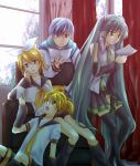  aqua_hair blonde_hair blue_eyes blue_hair chair curtains detached_sleeves hair_ribbon hatsune_miku highres kagamine_len kagamine_rin kaito kneehighs long_hair necktie paper ribbon scarf short_hair sitting skirt socks thigh-highs thighhighs twintails very_long_hair vocaloid window 