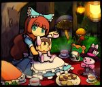  alice_(wonderland)_(cosplay) alice_in_wonderland alternate_hairstyle animal_costume animal_ears bow bunny bunny_costume bunny_ears bunny_tail checkerboard_cookie cookie cosplay food frog hair_bow hair_down hat idolmaster light minase_iori rabbit rabbit_ears stuffed_animal stuffed_toy tail takatsuki_yayoi tea yuutousei 