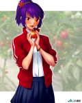  alternate_hairstyle blush contemporary food jacket purple_hair red_eyes school_uniform skirt tomato touhou yasaka_kanako young yurikawa 