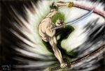  action dual_wielding earrings green_hair jewelry katana male manly mouth_hold muscle one_piece roronoa_zoro shirtless short_hair solo sword triple_wielding weapon 