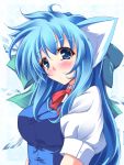  alternate_hairstyle animal_ears blue_eyes blue_hair bow breasts cat_ears cirno kemonomimi_mode long_hair lozelia ribbon touhou wings young 
