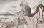  black_hair blush closed_eyes flower highres japanese_clothes kimono reiuji_utsuho solo suiren_(artist) suiren_(mystia6b) touhou weapon wings 