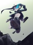  black_hair black_rock_shooter black_rock_shooter_(character) blue_eyes boots coat flat_chest from_below glowing glowing_eyes highres jacket jumping knee_boots long_hair mattie pale_skin shorts solo star sword twintails weapon 