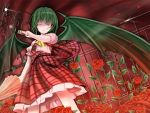  aw bad_id bat_wings card closed_umbrella dutch_angle fence flower green_hair holding holding_card kazami_yuuka plaid plaid_skirt plaid_vest red_eyes red_rose rose shaded_face short_hair skirt skirt_set touhou umbrella wings wink 