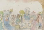  cirno daiyousei grin izayoi_sakuya kawashiro_nitori kirisame_marisa konishi_mao maid mystia_lorelei no_nose petals profile reiuji_utsuho remilia_scarlet rumia shikieiki_yamaxanadu smile teacup touhou traditional_media tree watercolor_(medium) 