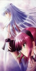  absurdres angel_beats! blade blue_hair goto_p green_eyes hairband highres multiple_girls school_uniform tachibana_kanade torn_clothes weapon yellow_eyes yuri_(angel_beats!) 