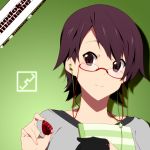  brown_hair digital_media_player food fruit glasses gloves headphones holding holding_fruit k-on! listen!! manabe_nodoka mp3_player nanao red-framed_glasses semi-rimless_glasses solo strawberry under-rim_glasses 