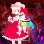  blonde_hair bow choker crystal flandre_scarlet hair_bow hat highres looking_back no_mouth orange_eyes picoalto short_hair solo symbol-shaped_pupils touhou wings wrist_cuffs 