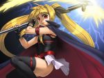  blonde_hair cape cozy fate_testarossa fingerless_gloves gloves long_hair mahou_shoujo_lyrical_nanoha red_eyes thigh-highs thighhighs twintails very_long_hair weapon 
