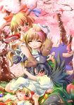  blonde_hair bow breasts carrying cherry_blossoms dress drunk flandre_scarlet glomp gourd gradient_hair group_hug hair_bow hat hijiri_byakuren horns hug ibuki_suika long_hair multicolored_hair orange_hair red_eyes reiuji_utsuho romaruchi sakazuki sake short_hair shoulder_carry socks thigh-highs thighhighs touhou wings yellow_eyes 