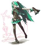  boots gloves green_eyes green_hair hatsune_miku headset high_heels highres koi_wa_sensou_(vocaloid) legs long_hair megaphone mushina_suzume necktie pantyhose shoes skirt smile solo thigh-highs thigh_boots thighhighs twintails vocaloid 