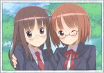  bad_id brown_eyes brown_hair glasses hug kuronekomycat multiple_girls nature necktie original photo_(object) ribbon scenery school_uniform smile tree wink 