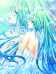  aqua_hair back bare_back blue_eyes dress from_behind gradient_hair hand_on_chest hand_on_own_chest hatsune_miku long_hair momomiya_mion multicolored_hair open_mouth solo vocaloid zoom_layer 