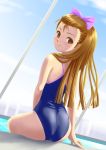  blush bow brown_eyes brown_hair dutch_angle hair_bow idolmaster long_hair looking_back minase_iori one-piece_swimsuit ponnetsu pool poolside sitting smile swimsuit 