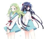 back-to-back blue_hair green_eyes green_hair harmonia kimidori_emiri knife long_hair school_uniform suzumiya_haruhi_no_yuuutsu 