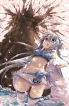  bare_shoulders cherry_blossoms detached_sleeves double_bun long_hair looking_up midriff mijinkouka navel open_mouth original petals ribbon silver_hair skirt solo thigh-highs thighhighs toka tree twintails very_long_hair water 