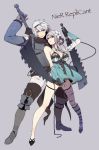  1girl bandage bandages blue_eyes braid breasts cleavage couple eterno garters gloves highres kaine_(nier) keine legs lingerie long_hair negligee nier nier(character) nier_(character) panties pantyshot red_eyes ribbon short_hair silver_hair sword underwear weapon white_hair young 