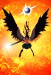  black_sun bow cape chihiro_p fire hair_bow long_hair red_eyes reiuji_utsuho solo sun touhou wings 