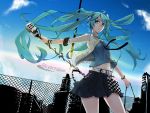  aqua_hair belt chainlink_fence fence hatsune_miku long_hair microphone microphone_stand mirre skirt sky twintails vocaloid 