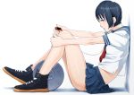  blue_eyes digital_media_player earphones highres ipod kobayakawa_rinko leg_hug legs legs_up love_plus mama_(artist) mp3_player no_socks original profile school_uniform serafuku shoes short_hair sitting skirt smile sneakers solo 