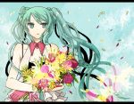  aqua_eyes aqua_hair bouquet buzz flower gloves hatsune_miku kimi_ni_hanataba_wo_(vocaloid) long_hair petals solo twintails very_long_hair vocaloid wind 