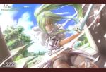  attack green_hair himazin long_hair midriff original ponytail stats sword thigh-highs tree weapon yellow_eyes 