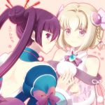 ar_tonelico ar_tonelico_iii back bare_shoulders blonde_hair blush bow braid detached_sleeves finnel gust hair_ornament kokuro lowres multiple_girls pink_eyes purple_eyes purple_hair saki_(ar_tonelico) smile twintails violet_eyes 