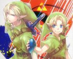  belt blonde_hair blue_eyes earrings hat instrument jewelry link male master_sword nintendo ocarina ocarina_of_time pointy_ears s1minami sheath sheathed shield smile sword the_legend_of_zelda triforce weapon young young_link 