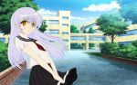  alternate_costume angel_beats! long_hair school_uniform serafuku silver_hair skirt solo tachibana_kanade wind yellow_eyes 