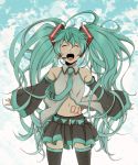  aqua_hair bad_id closed_eyes cloud clouds detached_sleeves hatsune_miku headset highres long_hair navel necktie open_mouth skirt sky solo thigh-highs thighhighs twintails usagi_(1988) very_long_hair vocaloid 