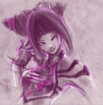  barion black_hair bust capcom fingerless_gloves gloves han_juri looking_at_viewer monochrome purple purple_background sketch smile street_fighter street_fighter_iv twintails 