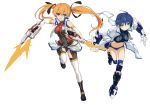  blue_eyes blue_hair boots cross_mirage denim denim_shorts green_eyes highres mahou_shoujo_lyrical_nanoha mahou_shoujo_lyrical_nanoha_strikers makacoon navel orange_hair pile_bunker revolver_knuckle short_hair shorts smile solo subaru_nakajima teana_lanster thighhighs twintails weapon 