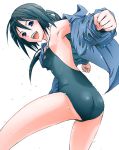  armpits ass bangs black_hair blue_eyes competition_swimsuit flat_chest from_behind happy jacket leaning_forward legs long_hair looking_back one-piece_swimsuit open_clothes open_jacket open_mouth original ponytail shiny shiny_clothes shiny_skin solo swimsuit wet 