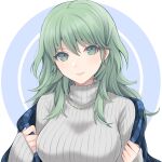 1girl alternate_costume bangs breasts byleth_(fire_emblem) byleth_eisner_(female) casual commentary_request contemporary fire_emblem fire_emblem:_three_houses green_eyes green_hair grey_sweater hair_between_eyes highres jewelry large_breasts long_hair long_sleeves looking_at_viewer necklace plaid ribbed_sweater shawl shimizu_akina sleeves_past_wrists smile solo sweater turtleneck turtleneck_sweater upper_body white_background 