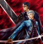  berserk berserker_armor black_hair blue_eyes brown_eyes crossover devil_may_cry dragonslayer_(sword) guts katana m.u.g.e.n male mugen_(game) nagare sword unsheathing vergil weapon white_hair wink yamato_(sword) 