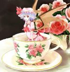  blue_hair cup elsewtfst flower girl_in_cup hat in_container in_cup minigirl pink_rose red_eyes remilia_scarlet rose short_hair solo touhou wings 