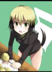  :o blonde_hair eating erica_hartmann food food_on_face fork from_above frown green_eyes looking_up multicolored_hair open_mouth plate potato rosettastone short_hair solo strike_witches tail uniform 