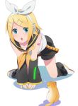  aqua_eyes blonde_hair blush dog hair_ornament hair_ribbon hairclip headphones kagamine_rin puppy ribbon satowo short_hair shorts vocaloid 