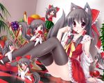  =_= animal_ears apple arm_support banana black_hair blush_stickers bow caidychen cherry clone detached_sleeves dog_ears dog_tail drooling food fruit grapes hakurei_reimu holding holding_fruit kemonomimi_mode legs long_hair minigirl mouth_hold red_eyes ribbon sitting strawberry tail thigh-highs thighhighs touhou watermelon 