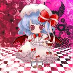  bat_wings blood bloomers blue_hair bow checkered checkered_floor chibi cup cupping_glass hat hat_ribbon picoalto red_eyes remilia_scarlet ribbon short_hair skirt skirt_lift solo symbol-shaped_pupils touhou wine_glass wings 