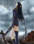  black_hair boots chikican female legend_of_dragoon long_hair looking_up rain rose_(lod) solo sword thigh-highs 