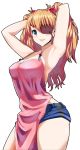  armpits arms_up blue_eyes breasts brown_hair cleavage eyepatch grin konoma large_breasts long_hair neon_genesis_evangelion orange_hair rebuild_of_evangelion shikinami_asuka_langley shorts smile solo souryuu_asuka_langley 