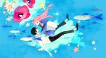  arakawa_under_the_bridge black_hair blue_eyes bubble fish flower highres ichinomiya_kou long_hair mig_(36th_underground) necktie nino_(arakawa) nino_(arakawa_under_the_bridge) pink_hair shoes short_hair shorts star track_jacket underwater uwabaki venus_to_jesus water 