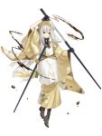  1girl food_fantasy full_body grey_eyes highres holding holding_weapon liita_(dusk_snow) long_hair looking_at_viewer official_art pale_skin second-party_source sword tamagoyaki_(food_fantasy) weapon white_hair 