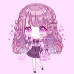  1girl bag black_bow black_footwear black_skirt blush bobby_socks bow braid chibi closed_mouth commentary_request full_body heart heart_in_eye himetsuki_luna holding long_hair long_sleeves original pink_shirt purple_background shirt shoes signature simple_background skirt sleeves_past_wrists smile socks solo standing symbol_in_eye twitter_username very_long_hair violet_eyes white_legwear 