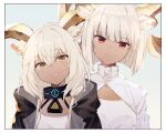  2girls animal_ear_fluff animal_ears arknights bangs beeswax_(arknights) black_hoodie blunt_bangs blunt_ends blush border carnelian_(arknights) cleavage_cutout closed_mouth clothing_cutout dark-skinned_female dark_skin dress eyebrows_visible_through_hair goat_ears goat_girl goat_horns gold_horns gradient gradient_background highres hood hoodie horns infection_monitor_(arknights) light_blue_background looking_at_viewer multiple_girls nstlgie open_mouth red_eyes shirt short_hair siblings signature sisters smile upper_body wavy_hair white_dress white_shirt yellow_background yellow_eyes 