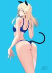  1girl absurdres animal_ears ass bikini blonde_hair blue_background blue_bikini breasts cat_ears cat_tail from_behind glasses highres long_hair looking_at_viewer perrine_h._clostermann small_breasts solo strike_witches swimsuit tail thighs twitter_username varie7k white_background world_witches_series yellow_eyes 