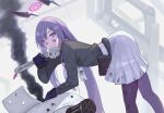  1girl absurdly_long_hair bangs black_jacket blue_archive halo headgear jacket long_hair long_sleeves machinery purple_hair skirt smoke solo tunguu utaha_(blue_archive) very_long_hair violet_eyes white_skirt wrench 