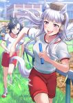  3girls :d air_shakur_(umamusume) animal_ears black_hair breasts brown_eyes brown_headwear character_request commentary_request day ear_covers eyebrow_piercing floating_hair gold_ship_(umamusume) grey_hair grin gym_shirt gym_shorts gym_uniform hat highres holding horse_ears horse_girl horse_tail long_hair medium_breasts mini_hat multiple_girls outdoors piercing puffy_short_sleeves puffy_sleeves red_shorts relay_baton running shaka_(staito0515) sharp_teeth shirt shoes short_shorts short_sleeves shorts smile socks tail teeth tongue tongue_out umamusume upper_teeth v-shaped_eyebrows very_long_hair violet_eyes white_footwear white_legwear white_shirt 